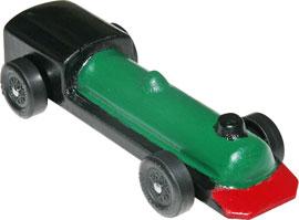 Train pinewood derby car painted black green and red.